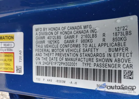 2023 Honda Civic Ex /Ex W/O Bsi из США, поврежденный, VIN 2HGFE1F72PH302001